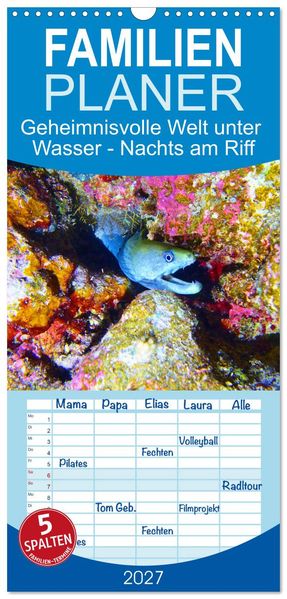 Familienplaner 2027 - Geheimnisvolle Welt unter Wasser - Nachts am Riff mit 5 Spalten (Wandkalender 21 x 45 cm) CALVENDO
