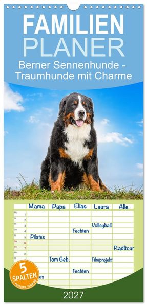 Familienplaner 2027 - Berner Sennenhunde - Traumhunde mit Charme mit 5 Spalten (Wandkalender 21 x 45 cm) CALVENDO