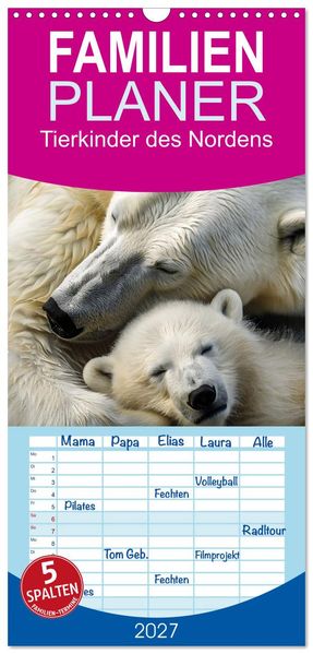 Familienplaner 2027 - Tierkinder des Nordens mit 5 Spalten (Wandkalender 21 x 45 cm) CALVENDO