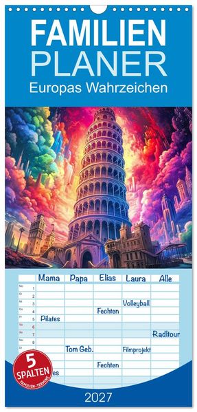 Familienplaner 2027 - Europas Wahrzeichen mit 5 Spalten (Wandkalender 21 x 45 cm) CALVENDO