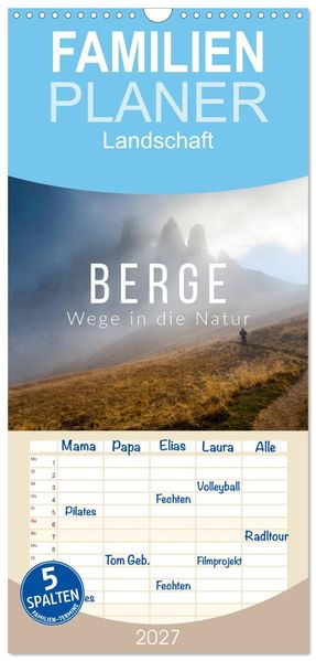 Familienplaner 2027 - Berge. Wege in die Natur mit 5 Spalten (Wandkalender 21 x 45 cm) CALVENDO