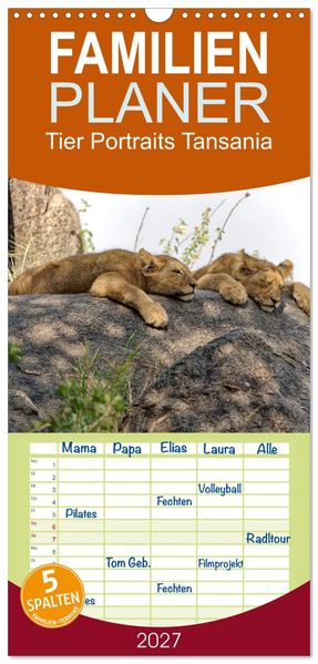 Familienplaner 2027 - Tier Portraits Tansania mit 5 Spalten (Wandkalender 21 x 45 cm) CALVENDO