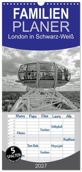 Familienplaner 2027 - London in Schwarz-Weiß mit 5 Spalten (Wandkalender 21 x 45 cm) CALVENDO