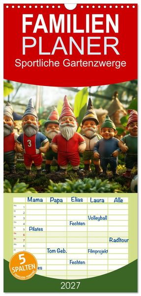 Familienplaner 2027 - Sportliche Gartenzwerge mit 5 Spalten (Wandkalender 21 x 45 cm) CALVENDO