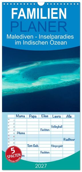 Familienplaner 2027 - Malediven - Inselparadies im Indischen Ozean mit 5 Spalten (Wandkalender 21 x 45 cm) CALVENDO