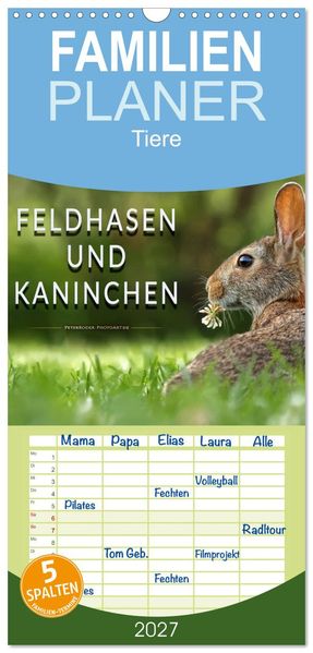 Familienplaner 2027 - Feldhasen und Kaninchen mit 5 Spalten (Wandkalender 21 x 45 cm) CALVENDO