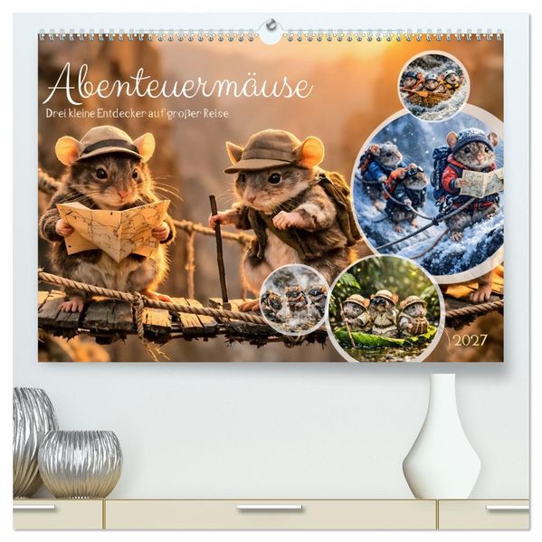 Abenteuermäuse - Drei kleine Entdecker auf großer Reise (hochwertiger Premium Wandkalender 2027 DIN A2 quer) Kunstdruck in Hochglanz