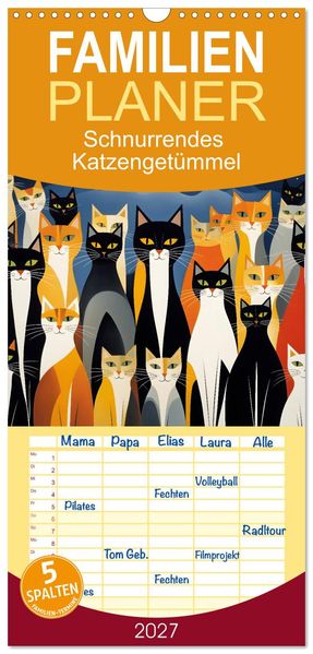 Familienplaner 2027 - Schnurrendes Katzengetümmel mit 5 Spalten (Wandkalender 21 x 45 cm) CALVENDO