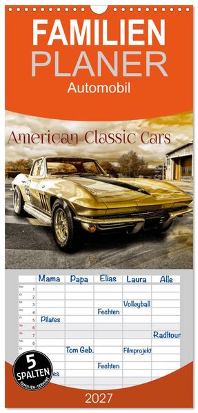 Familienplaner 2027 - American Classic Cars mit 5 Spalten (Wandkalender 21 x 45 cm) CALVENDO