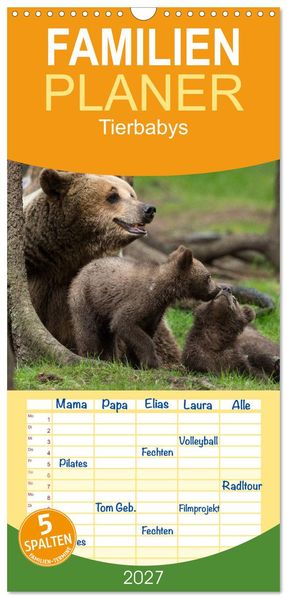 Familienplaner 2027 - Tierbabys 2027 mit 5 Spalten (Wandkalender 21 x 45 cm) CALVENDO