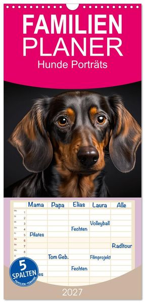 Familienplaner 2027 - Hunde Porträts mit 5 Spalten (Wandkalender 21 x 45 cm) CALVENDO