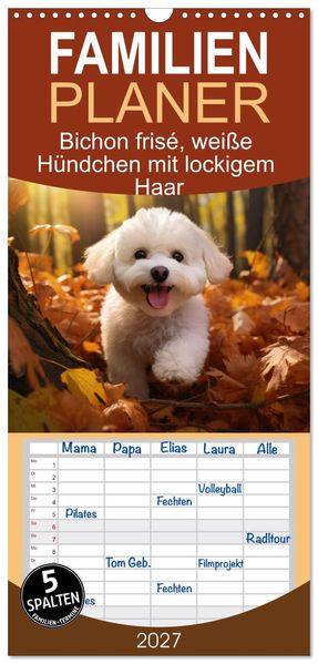 Familienplaner 2027 - Bichon frisé weiße Hündchen mit lockigem Haar mit 5 Spalten (Wandkalender 21 x 45 cm) CALVENDO
