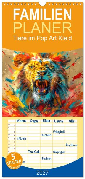 Familienplaner 2027 - Tiere im Pop Art Kleid mit 5 Spalten (Wandkalender 21 x 45 cm) CALVENDO