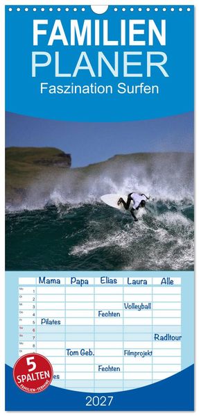 Familienplaner 2027 - Faszination Surfen mit 5 Spalten (Wandkalender 21 x 45 cm) CALVENDO