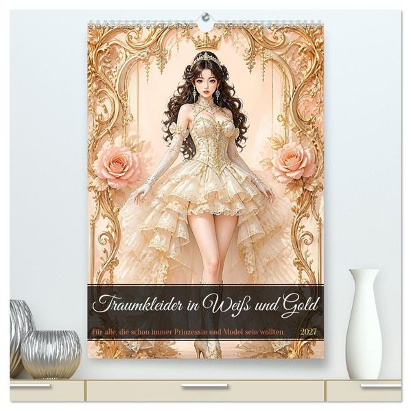 Traumkleider in Weiß und Gold (hochwertiger Premium Wandkalender 2027 DIN A2 hoch) Kunstdruck in Hochglanz
