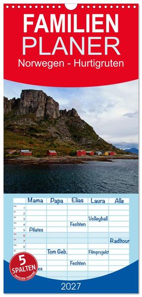 Familienplaner 2027 - Norwegen - Hurtigruten mit 5 Spalten (Wandkalender 21 x 45 cm) CALVENDO