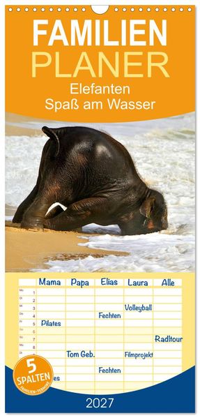 Familienplaner 2027 - Elefanten. Spaß am Wasser mit 5 Spalten (Wandkalender 21 x 45 cm) CALVENDO