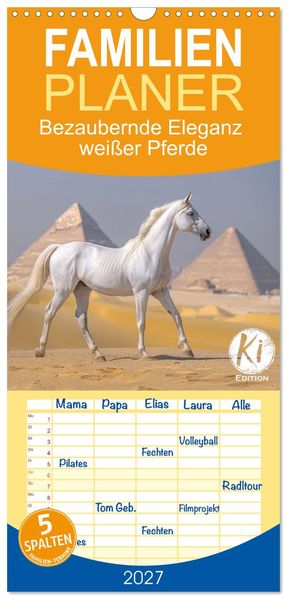 Familienplaner 2027 - Bezaubernde Eleganz weißer Pferde mit 5 Spalten (Wandkalender 21 x 45 cm) CALVENDO