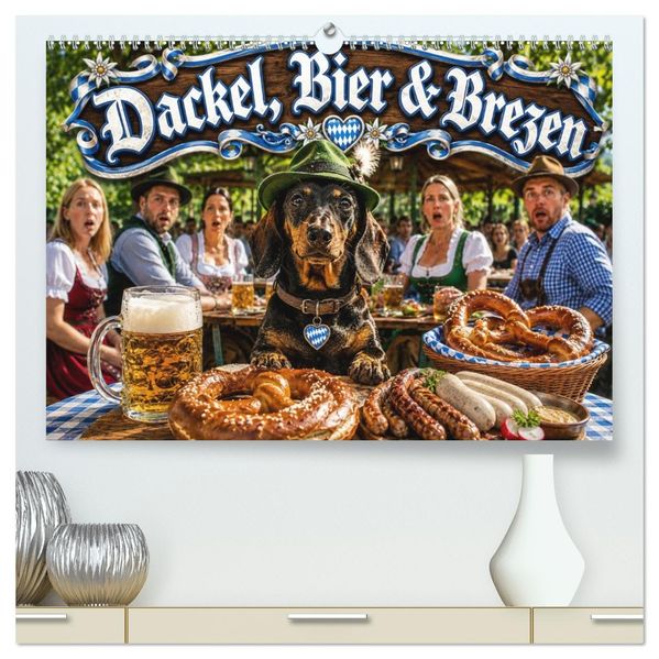 Dackel Bier und Brezen (hochwertiger Premium Wandkalender 2027 DIN A2 quer) Kunstdruck in Hochglanz