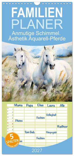 Familienplaner 2027 - Anmutige Schimmel. Ästhetik Aquarell-Pferde mit 5 Spalten (Wandkalender 21 x 45 cm) CALVENDO