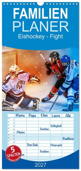 Familienplaner 2027 - Eishockey - Fight mit 5 Spalten (Wandkalender 21 x 45 cm) CALVENDO