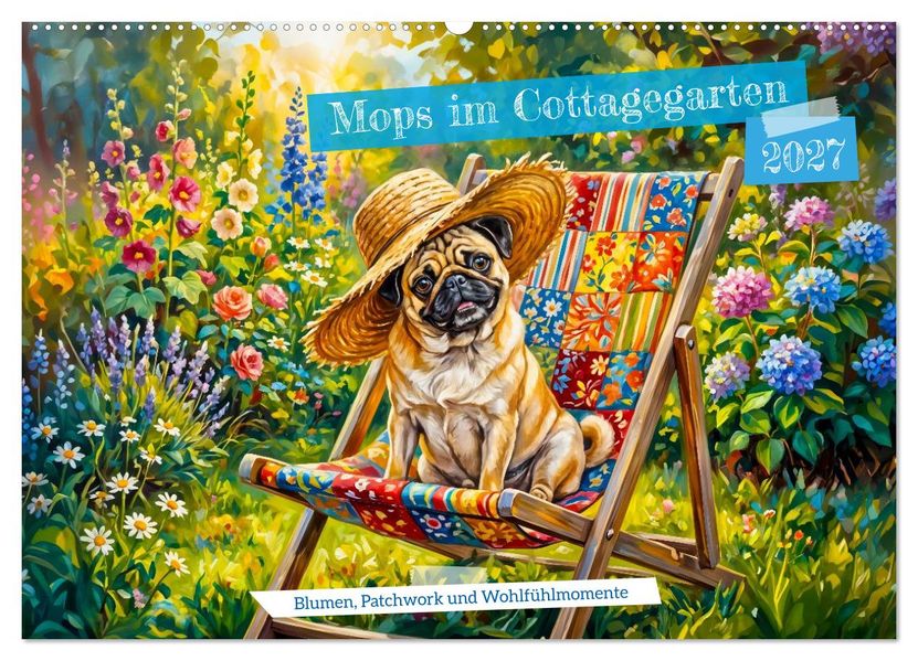 Mops im Cottagegarten - Blumen Patchwork und Wohlfühlmomente (Wandkalender 2027 DIN A2 quer) CALVENDO Monatskalender