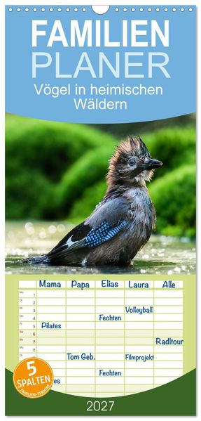 Familienplaner 2027 - Vögel in heimischen Wäldern mit 5 Spalten (Wandkalender 21 x 45 cm) CALVENDO
