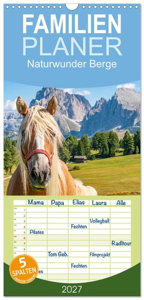 Familienplaner 2027 - Naturwunder Berge mit 5 Spalten (Wandkalender 21 x 45 cm) CALVENDO