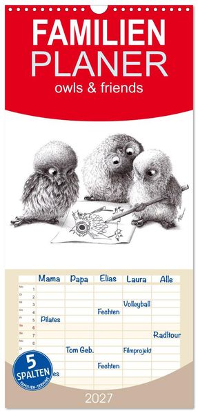 Familienplaner 2027 - owls & friends 2027 mit 5 Spalten (Wandkalender 21 x 45 cm) CALVENDO