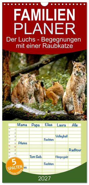 Familienplaner 2027 - Der Luchs - Begegnungen mit einer Raubkatze mit 5 Spalten (Wandkalender 21 x 45 cm) CALVENDO