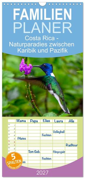 Familienplaner 2027 - Costa Rica - Naturparadies zwischen Karibik und Pazifik mit 5 Spalten (Wandkalender 21 x 45 cm) CALVENDO