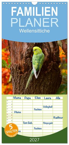 Familienplaner 2027 - Wellensittiche mit 5 Spalten (Wandkalender 21 x 45 cm) CALVENDO
