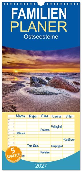 Familienplaner 2027 - Ostseesteine mit 5 Spalten (Wandkalender 21 x 45 cm) CALVENDO