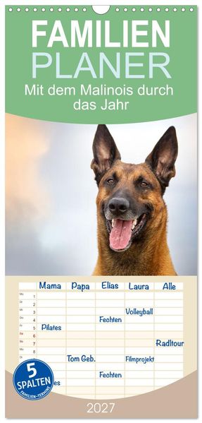 Familienplaner 2027 - Mit dem Malinois durch das Jahr mit 5 Spalten (Wandkalender 21 x 45 cm) CALVENDO