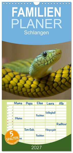 Familienplaner 2027 - Schlangen mit 5 Spalten (Wandkalender 21 x 45 cm) CALVENDO