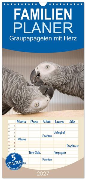 Familienplaner 2027 - Graupapageien mit Herz mit 5 Spalten (Wandkalender 21 x 45 cm) CALVENDO