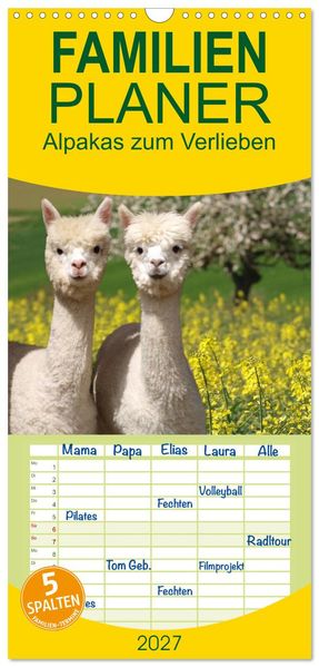Familienplaner 2027 - Alpakas zum Verlieben mit 5 Spalten (Wandkalender 21 x 45 cm) CALVENDO