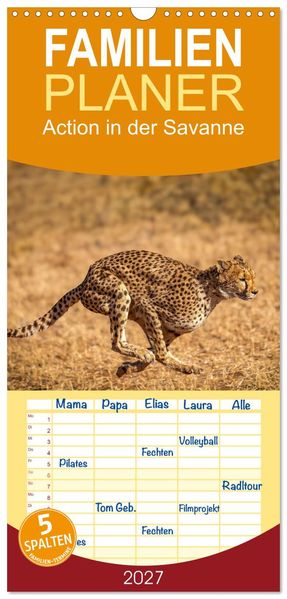 Familienplaner 2027 - Action in der Savanne mit 5 Spalten (Wandkalender 21 x 45 cm) CALVENDO
