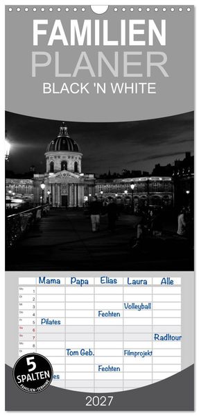 Familienplaner 2027 - BLACK 'N WHITE mit 5 Spalten (Wandkalender 21 x 45 cm) CALVENDO