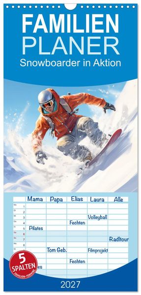 Familienplaner 2027 - Snowboarder in Aktion mit 5 Spalten (Wandkalender 21 x 45 cm) CALVENDO