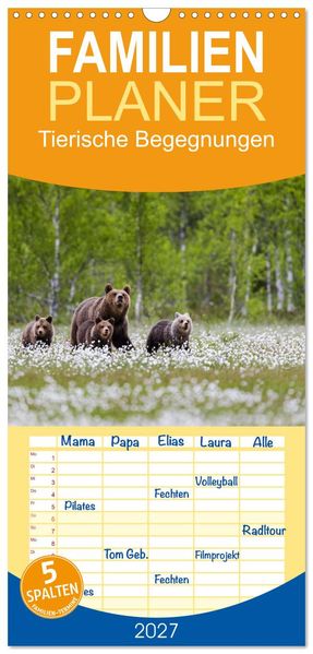 Familienplaner 2027 - Tierische Begegnungen mit 5 Spalten (Wandkalender 21 x 45 cm) CALVENDO