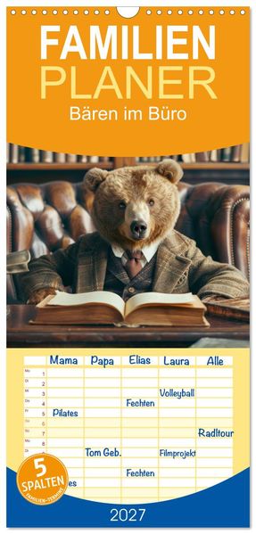 Familienplaner 2027 - Bären im Büro mit 5 Spalten (Wandkalender 21 x 45 cm) CALVENDO