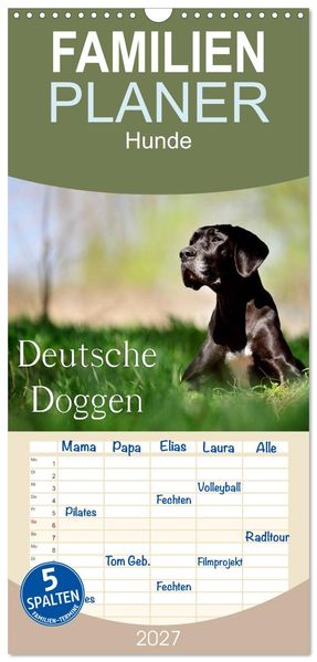 Familienplaner 2027 - Deutsche Doggen / Geburtstagskalender mit 5 Spalten (Wandkalender 21 x 45 cm) CALVENDO