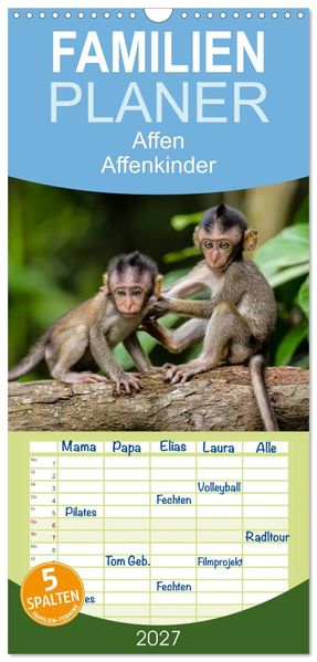 Familienplaner 2027 - Affen - Affenkinder mit 5 Spalten (Wandkalender 21 x 45 cm) CALVENDO