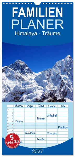 Familienplaner 2027 - Himalaya - Träume mit 5 Spalten (Wandkalender 21 x 45 cm) CALVENDO