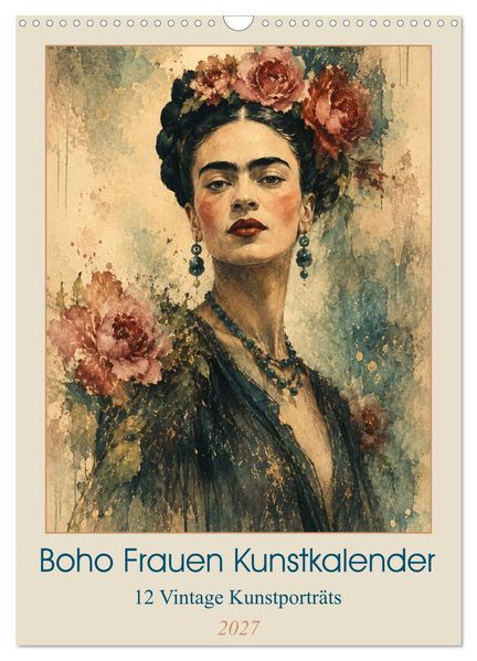 Boho Frauen Kunstkalender - 12 Vintage Kunstporträts (Wandkalender 2027 DIN A3 hoch) CALVENDO Monatskalender
