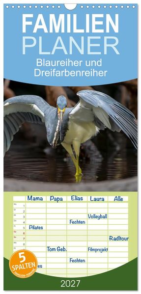 Familienplaner 2027 - Blaureiher und Dreifarbenreiher mit 5 Spalten (Wandkalender 21 x 45 cm) CALVENDO