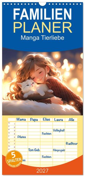 Familienplaner 2027 - Manga Tierliebe mit 5 Spalten (Wandkalender 21 x 45 cm) CALVENDO