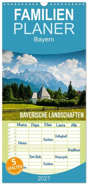 Familienplaner 2027 - Bayerische Landschaften mit 5 Spalten (Wandkalender 21 x 45 cm) CALVENDO