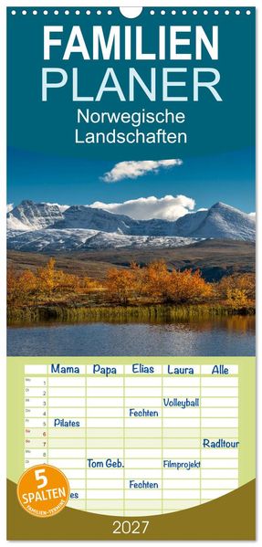 Familienplaner 2027 - Norwegische Landschaften mit 5 Spalten (Wandkalender 21 x 45 cm) CALVENDO